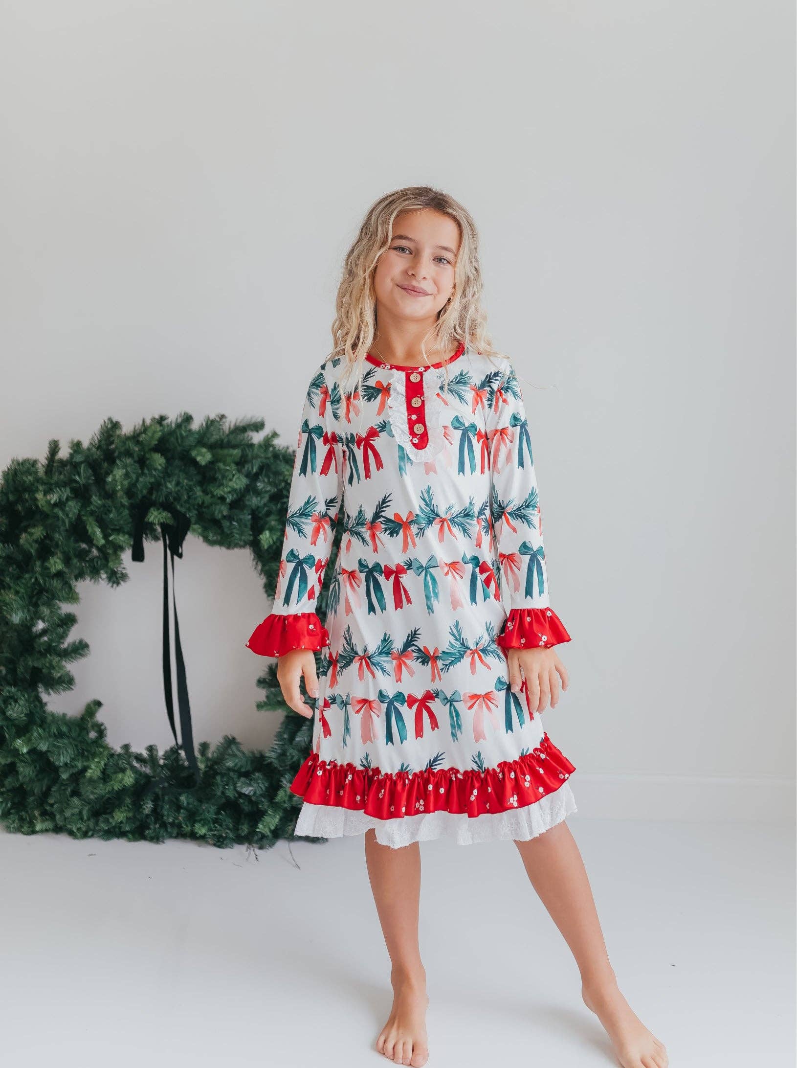 Kids Holly & Bows Christmas Holiday Lace Ruffle Lounge Gown