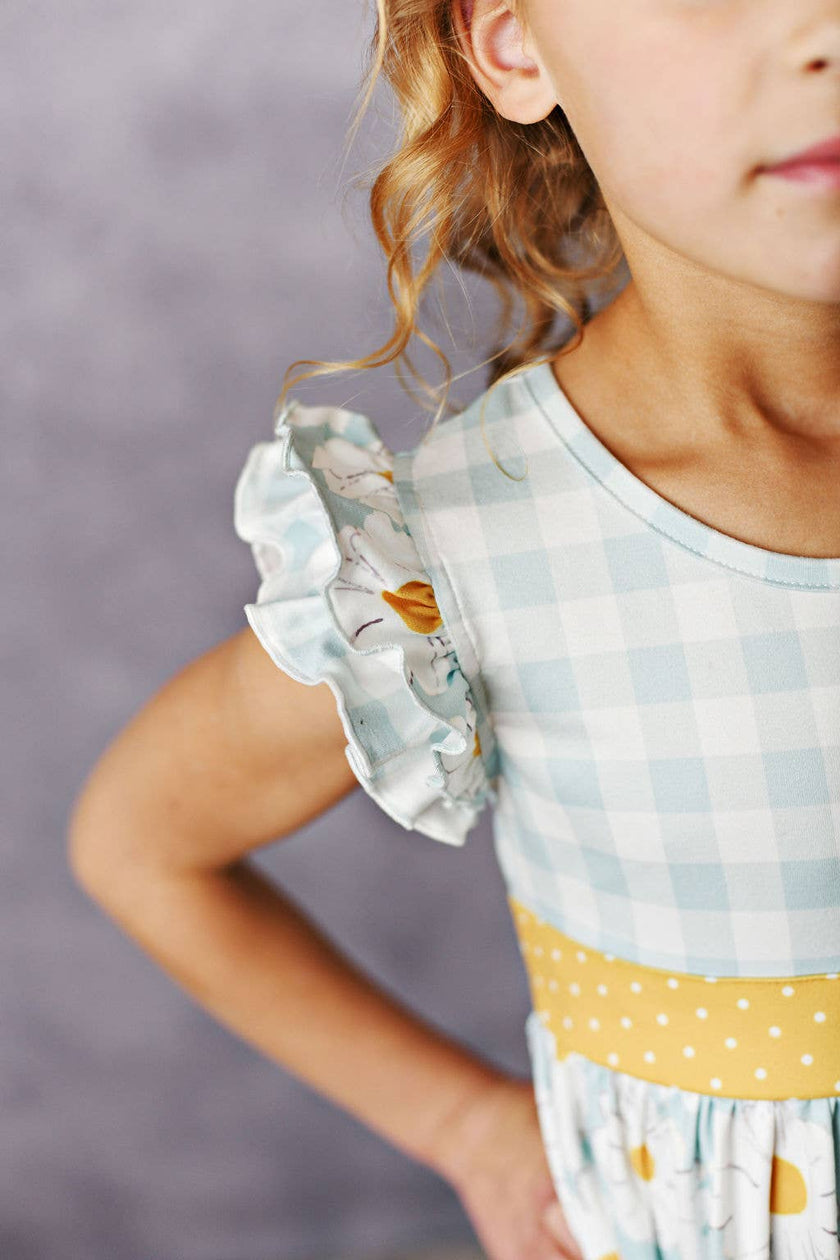 Kids Gingham Check Daisy Ruffle Twirl Spring Easter Dress