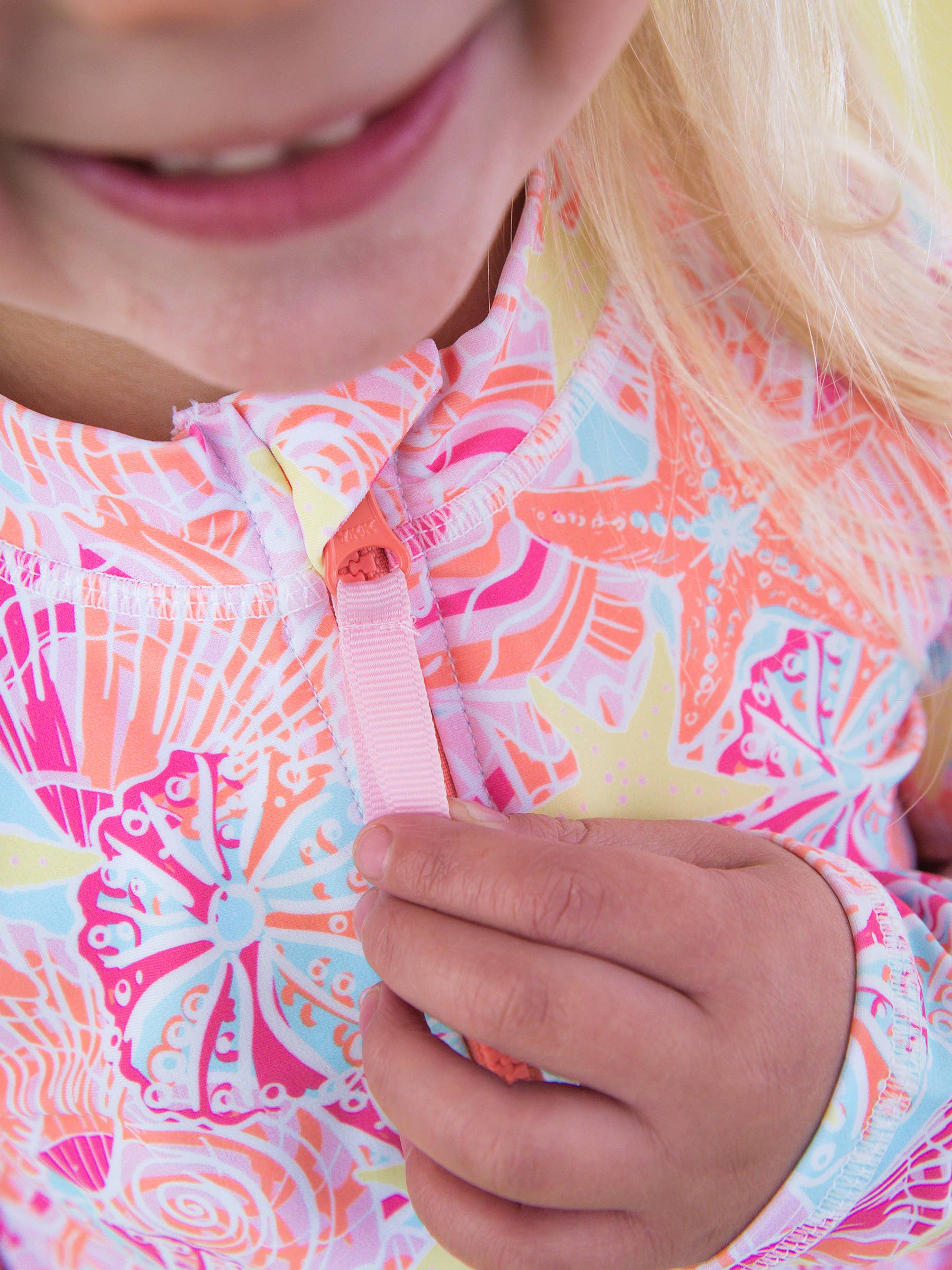 Girls Sunset Seashells Long Sleeve Zipper Rash Guard 2-Piece Swimsuit with Signature Rear Ruffles