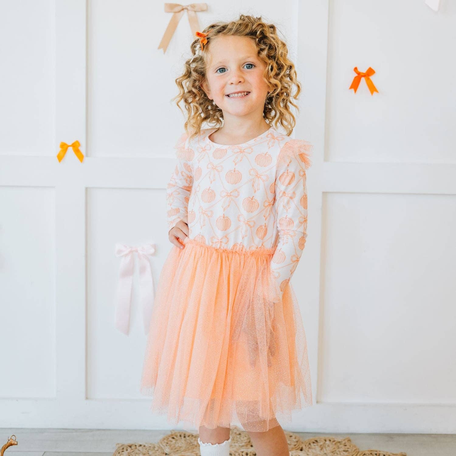 Pumpkin Bow Trellis Long Sleeve Tutu Dress - Kids Clothing