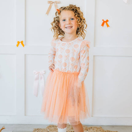 Pumpkin Bow Trellis Long Sleeve Tutu Dress - Kids Clothing