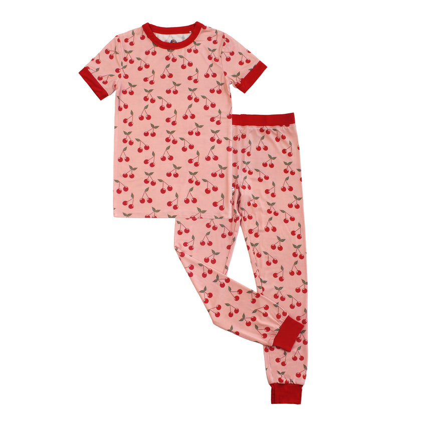 Very Cherry Two-Piece Bamboo Short Sleeve Pajama Kids Pants Set