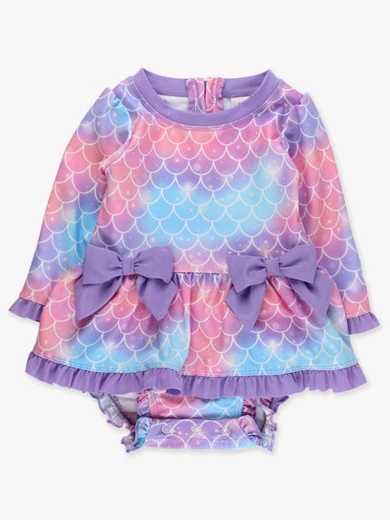 Baby Girls Shimmer Mermaid Tale Long Sleeve One Piece Bow Peplum Rash Guard Swimsuit with Signature Rear Ruffles