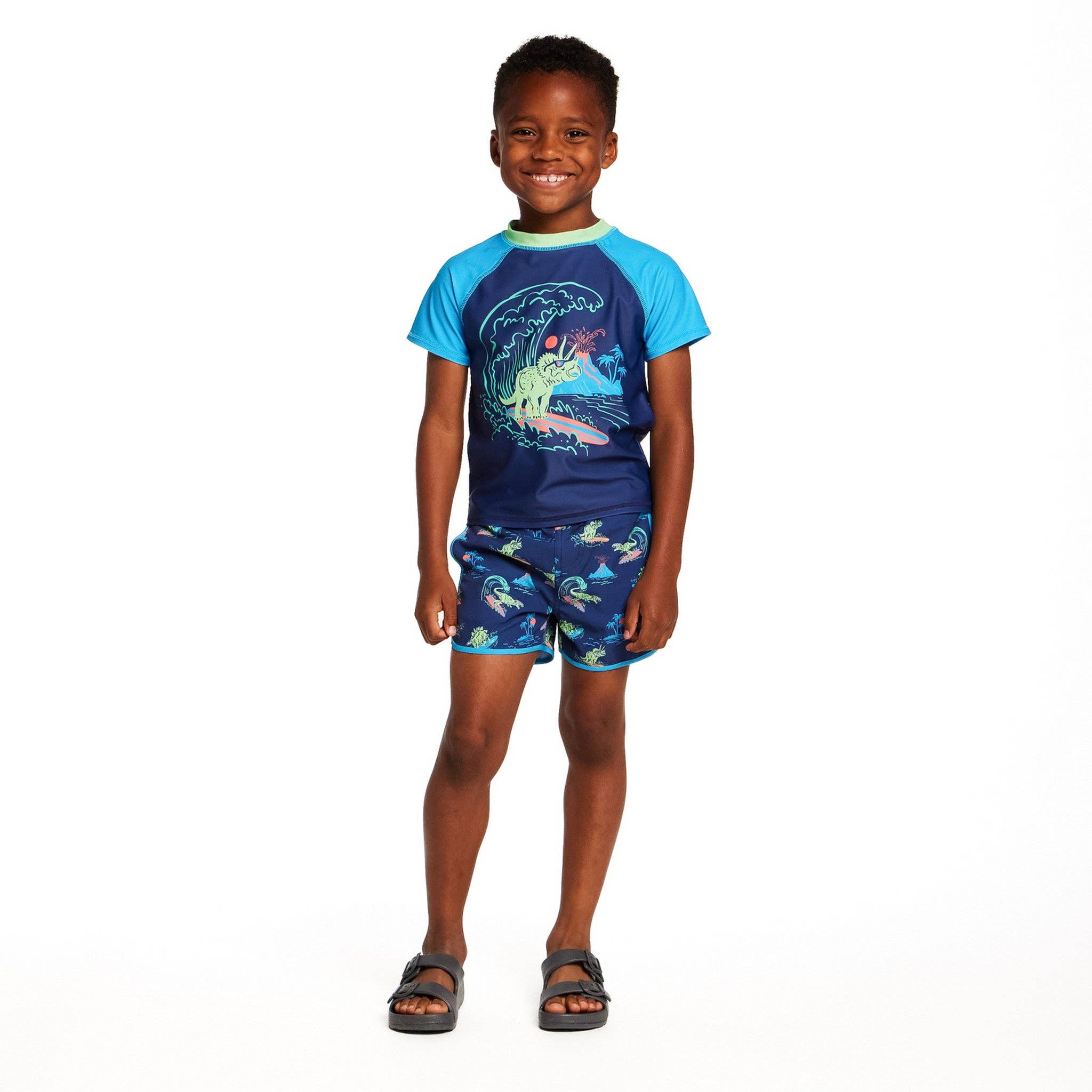 Boys Short Sleeve Rashguard Set | Navy Dino