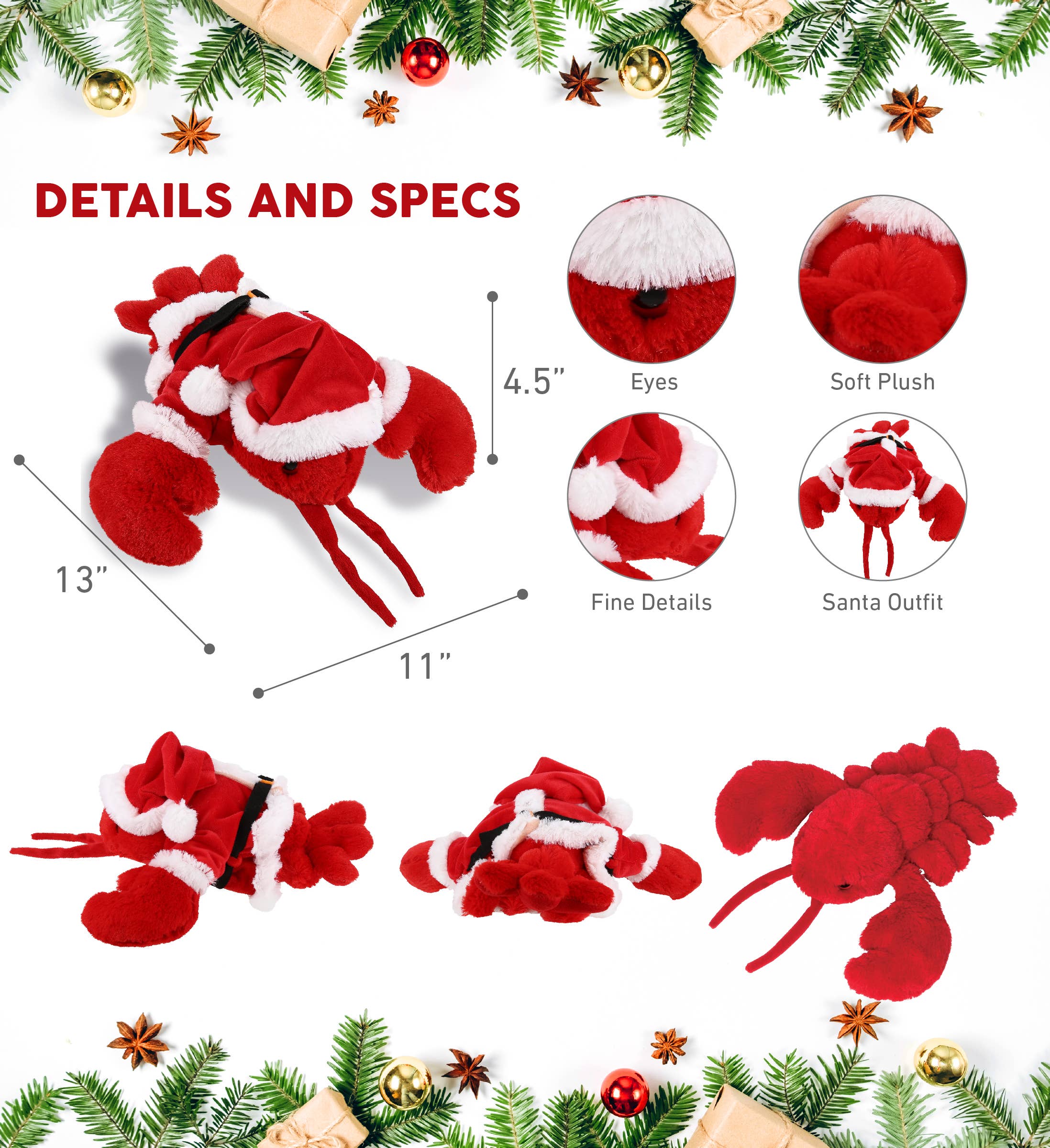 Plush Santa - Super Soft Plush - Elegant Red Lobster Stuffed Animal