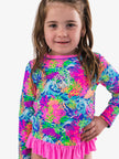 Girls Neon Ocean Coral Long Sleeve Rash Guard 2-Piece Swimsuit with Signature Rear Ruffles