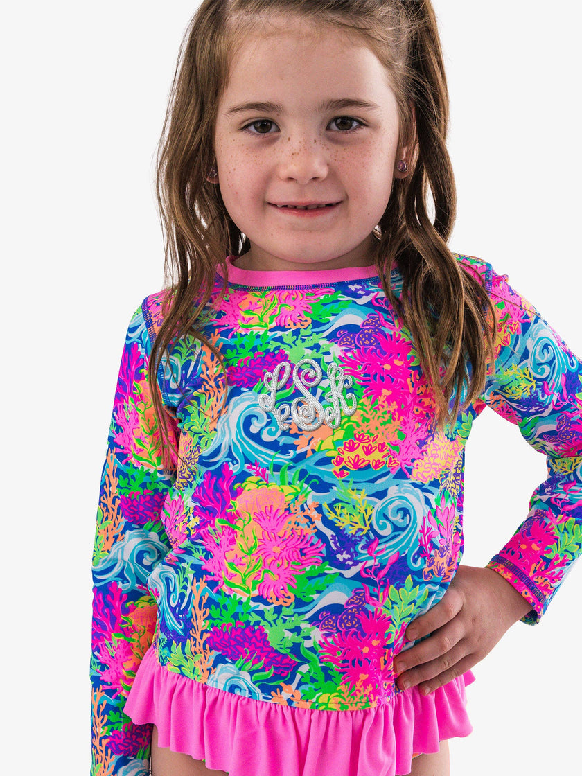 Girls Neon Ocean Coral Long Sleeve Rash Guard 2-Piece Swimsuit with Signature Rear Ruffles
