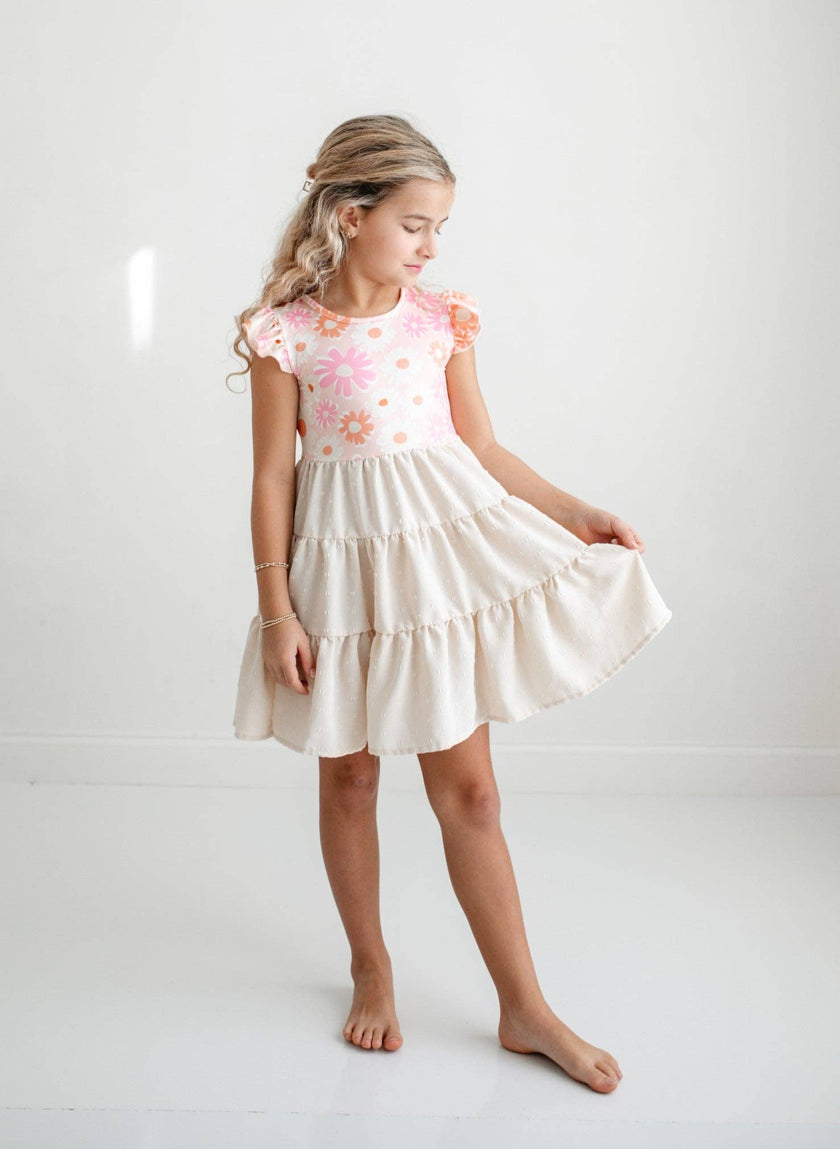 Girls Pink & Beige Retro Floral Swiss Dot Spring Twirl Dress