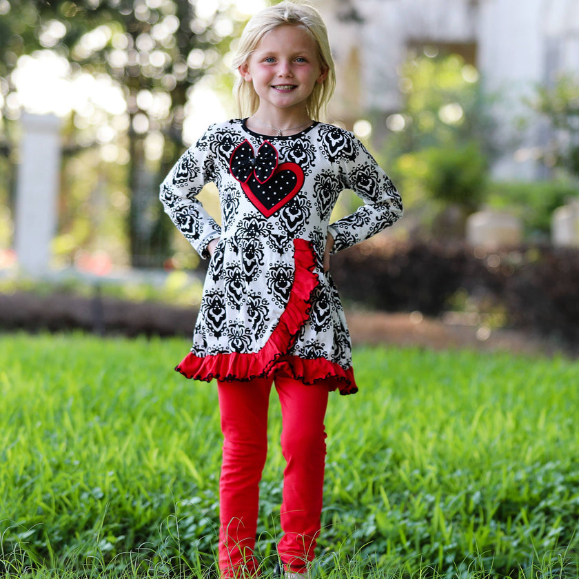 Damask Heart Top & Red Leggings Girls Valentine's Day Outfit