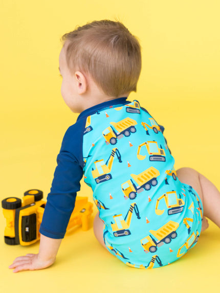 Baby Boys Under Construction Long Sleeve One Piece Rash Guard Swimsuit