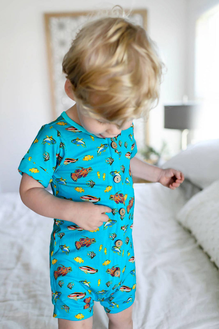 Calypso Fish Short Two-Way Zippy Romper with Faux Buttons