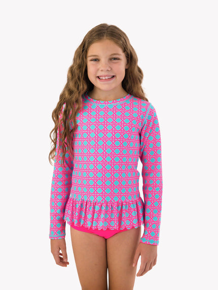 Tween Girls Neon Sorbet Cane Scallop Hem Long Sleeve Rash Guard 2-Piece Swimsuit