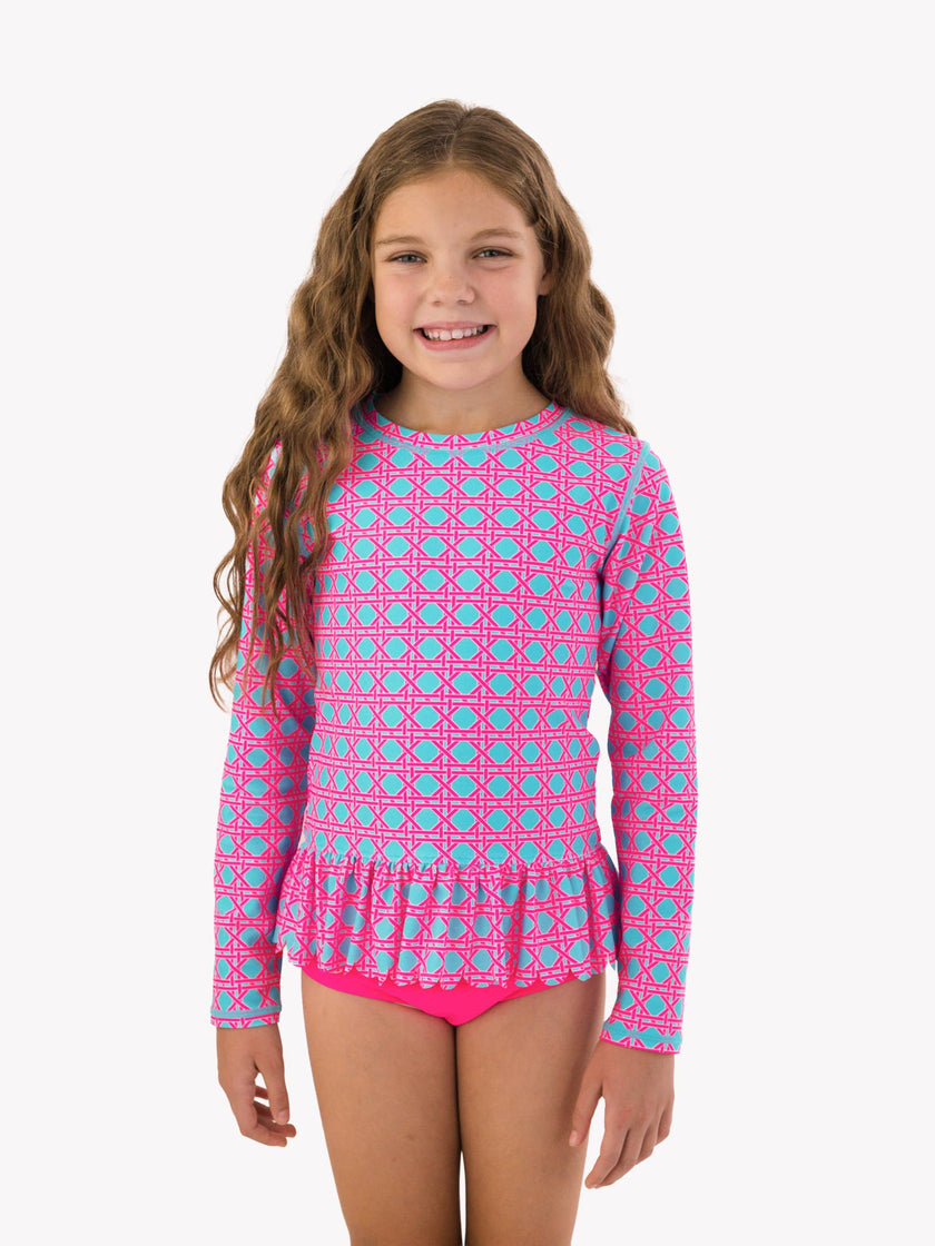 Tween Girls Neon Sorbet Cane Scallop Hem Long Sleeve Rash Guard 2-Piece Swimsuit