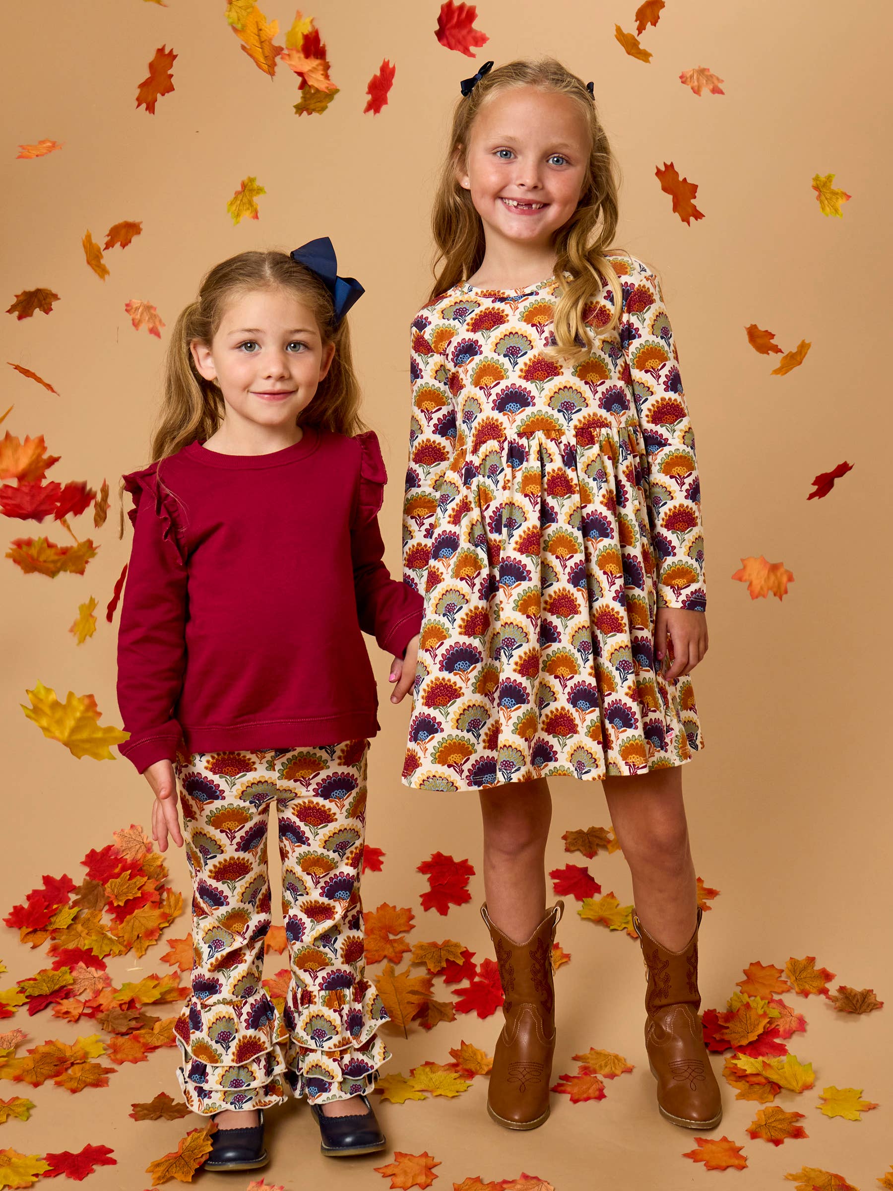 Girls Maple Blossoms Knit Long Sleeve Twirl Dress