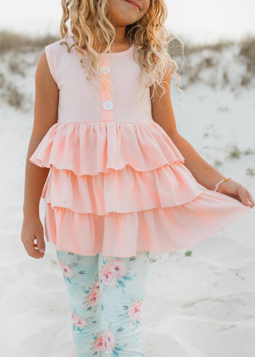 Peach Teal Floral Tiered Ruffle Button Spring Set