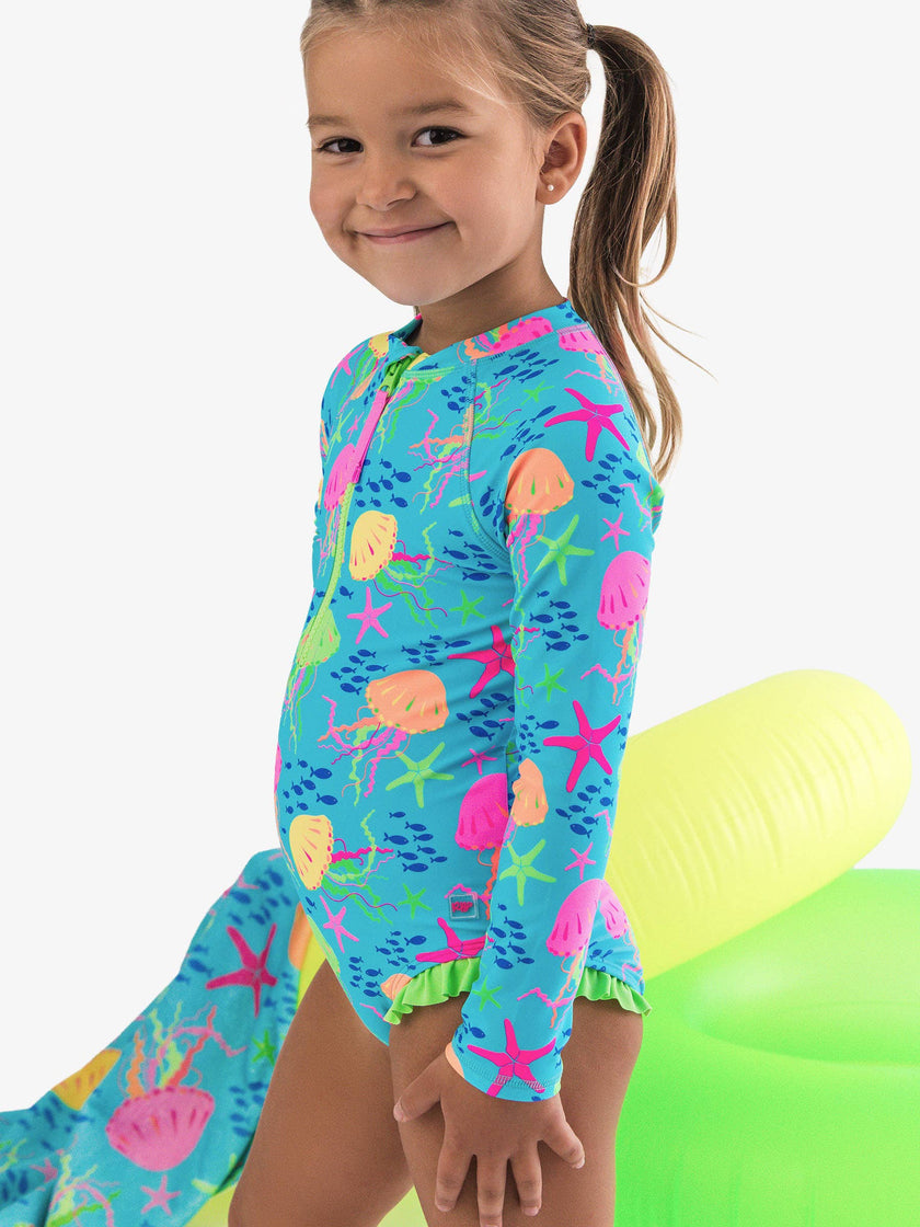 Girls Neon Jelly Time Long Sleeve One Piece Rash Guard Swimsuit