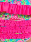 Girls Neon Flamingo Fun Long Sleeve Rash Guard 2-Piece Swimsuit with Signature Rear Ruffles