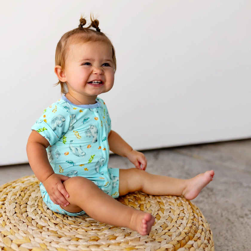 Get Your Float on Manatees Bamboo Short Two-Way Zippy Romper 0-24M