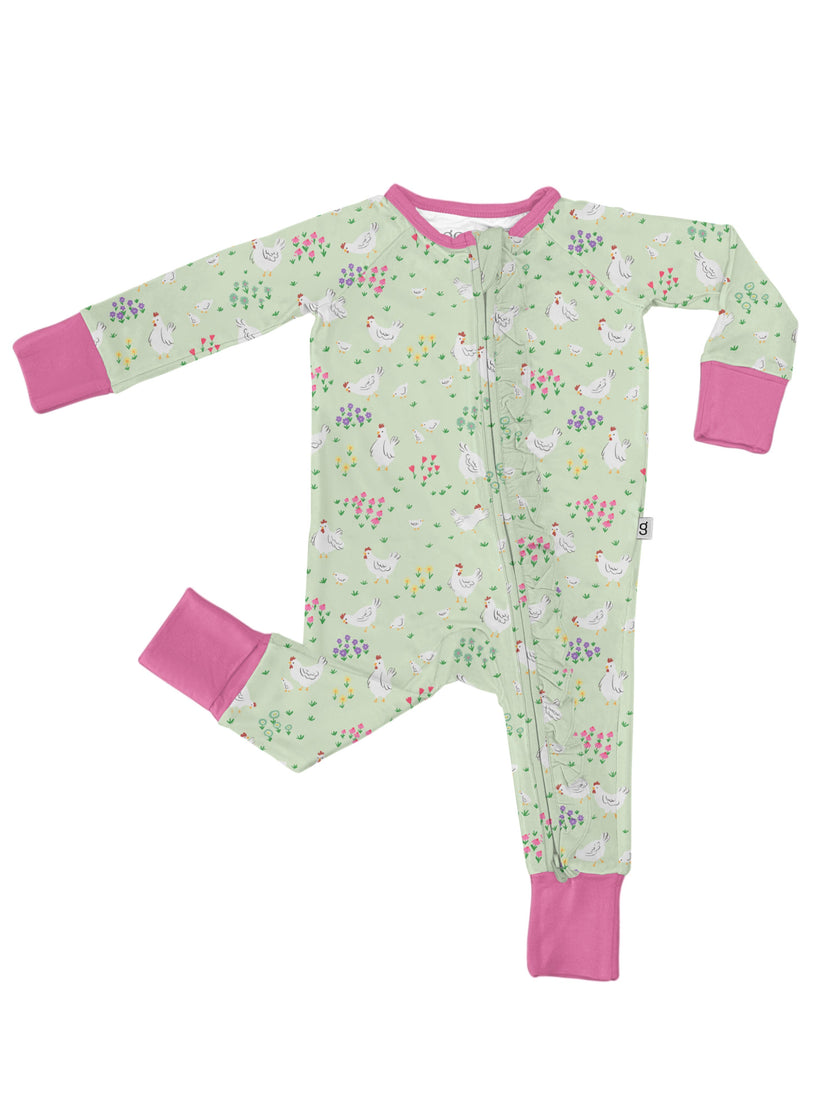 Spring Chickens Bamboo Ruffle Zip Pajamas