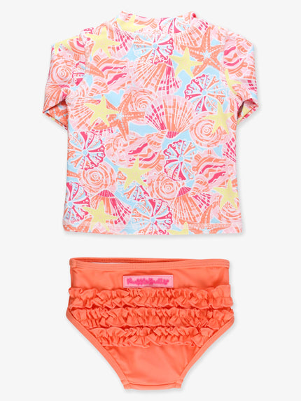 Girls Sunset Seashells Long Sleeve Zipper Rash Guard 2-Piece Swimsuit with Signature Rear Ruffles