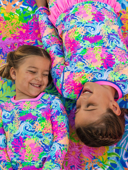 Girls Neon Ocean Coral Long Sleeve Rash Guard 2-Piece Swimsuit with Signature Rear Ruffles