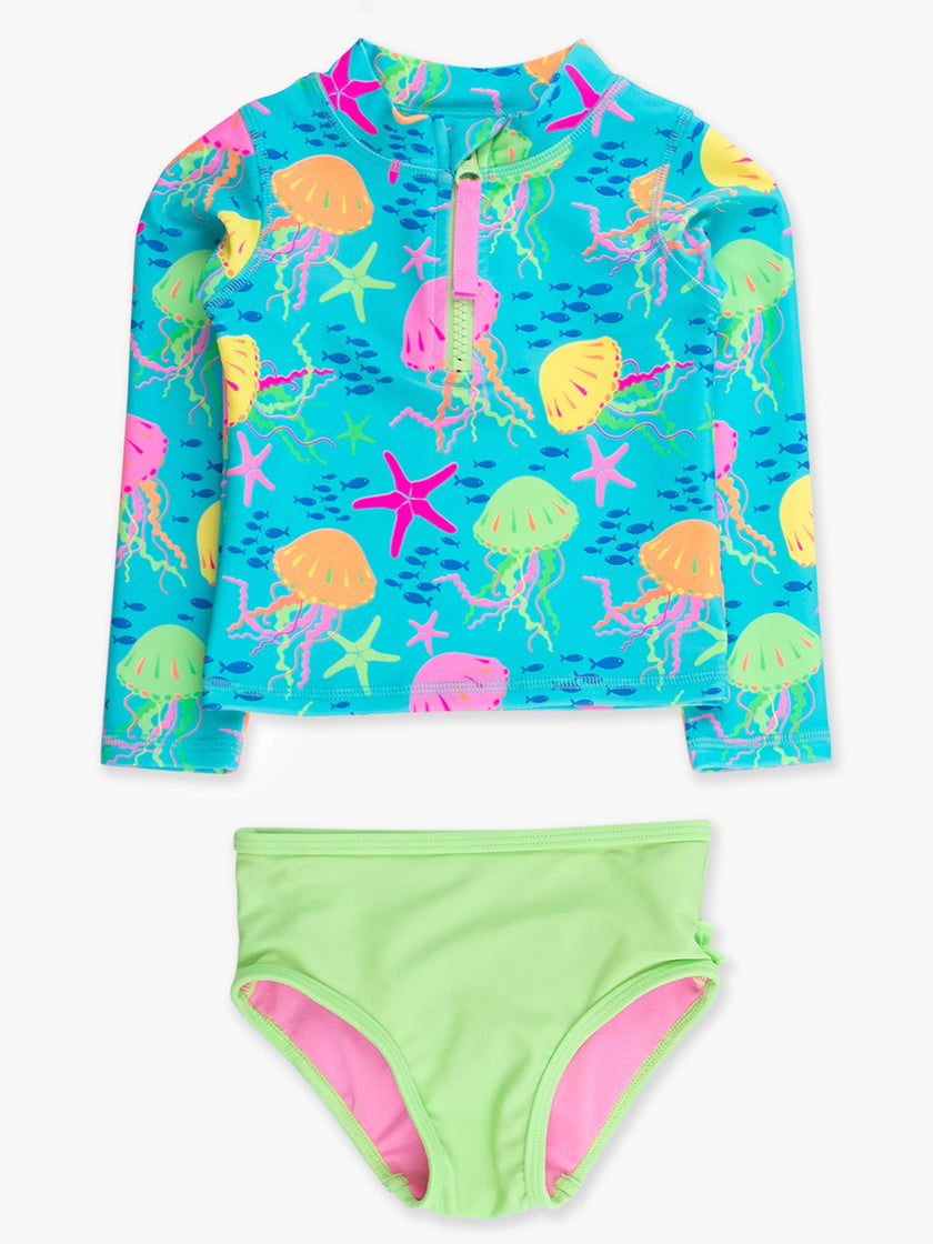 Girls Neon Jelly Time Long Sleeve Zipper Rash Guard 2-Piece Swimsuit with Signature Rear Ruffles