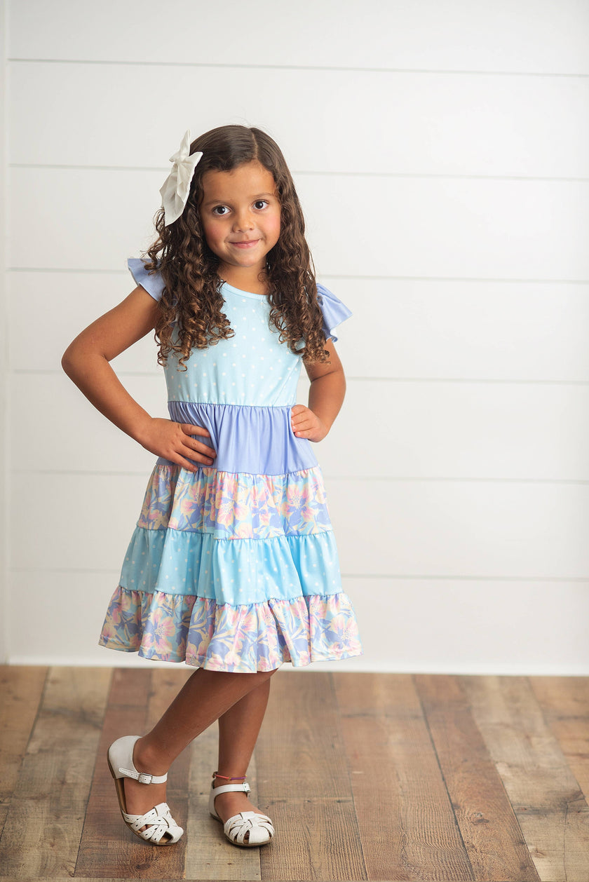 Kids Blue & Purple Polka Dot Floral Tiered Easter Dress