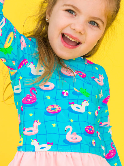 Neon Pool Party Long Sleeve One Piece Rash Guard Swim Suit