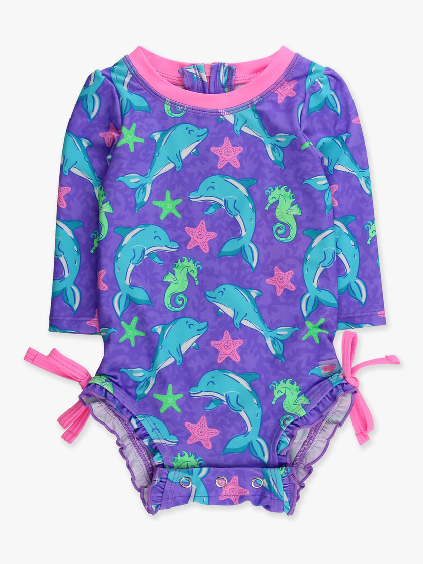 Baby Girls Neon Fin Friends Long Sleeve One Piece Rash Guard Swimsuit with Signature Rear Ruffles