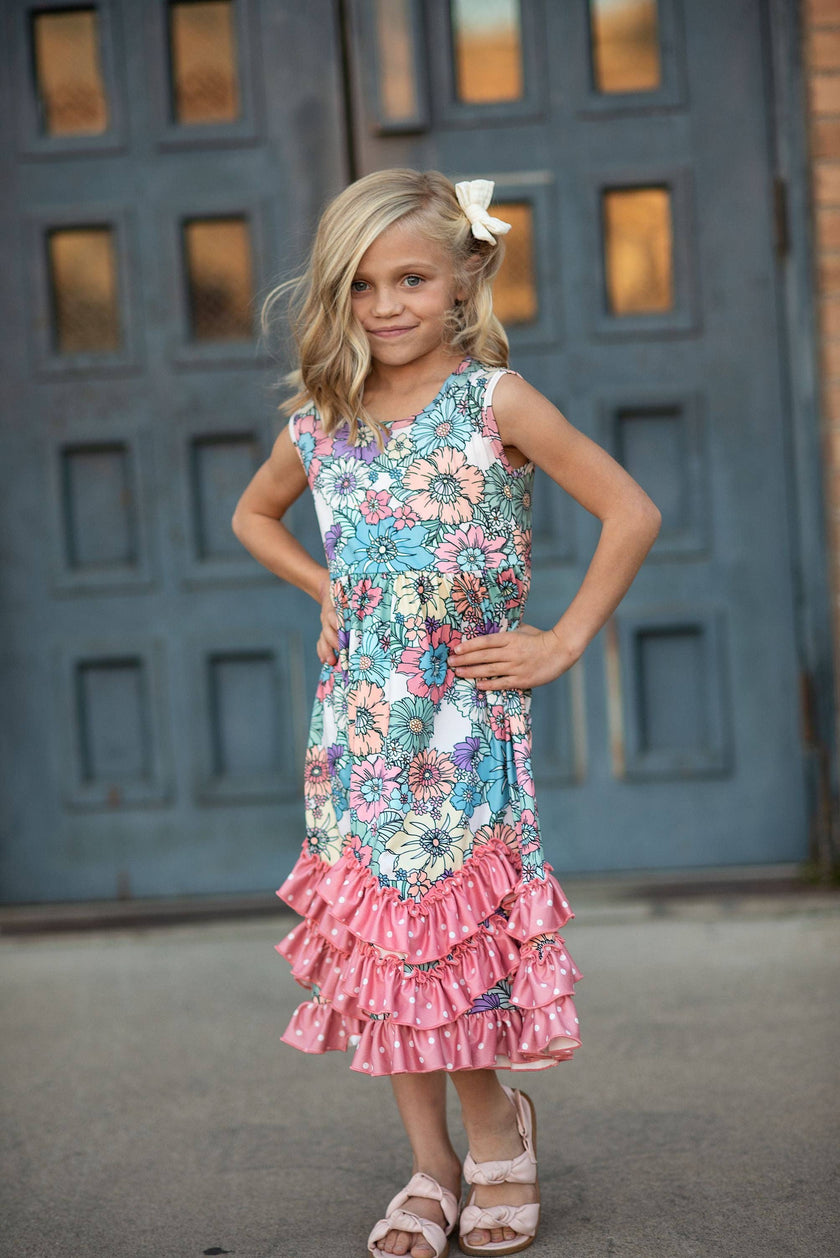 Pastel Floral 3 Ruffle Spring Summer Easter Dress