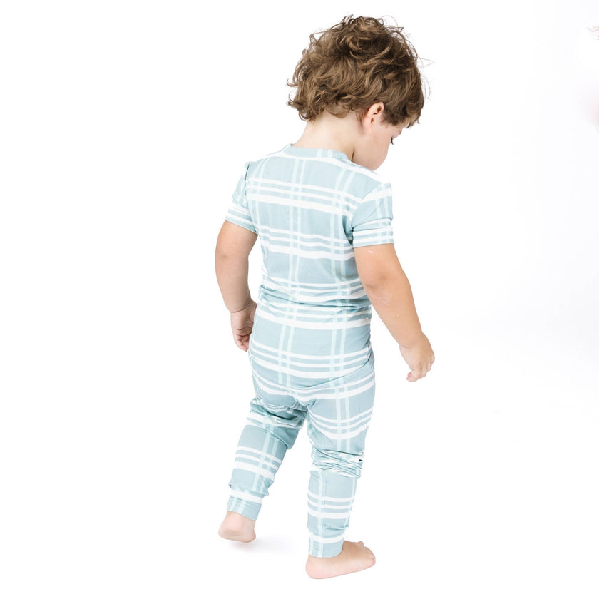 Blue Plaid Two-Piece Bamboo Short Sleeve Pajama Kids Pants Set