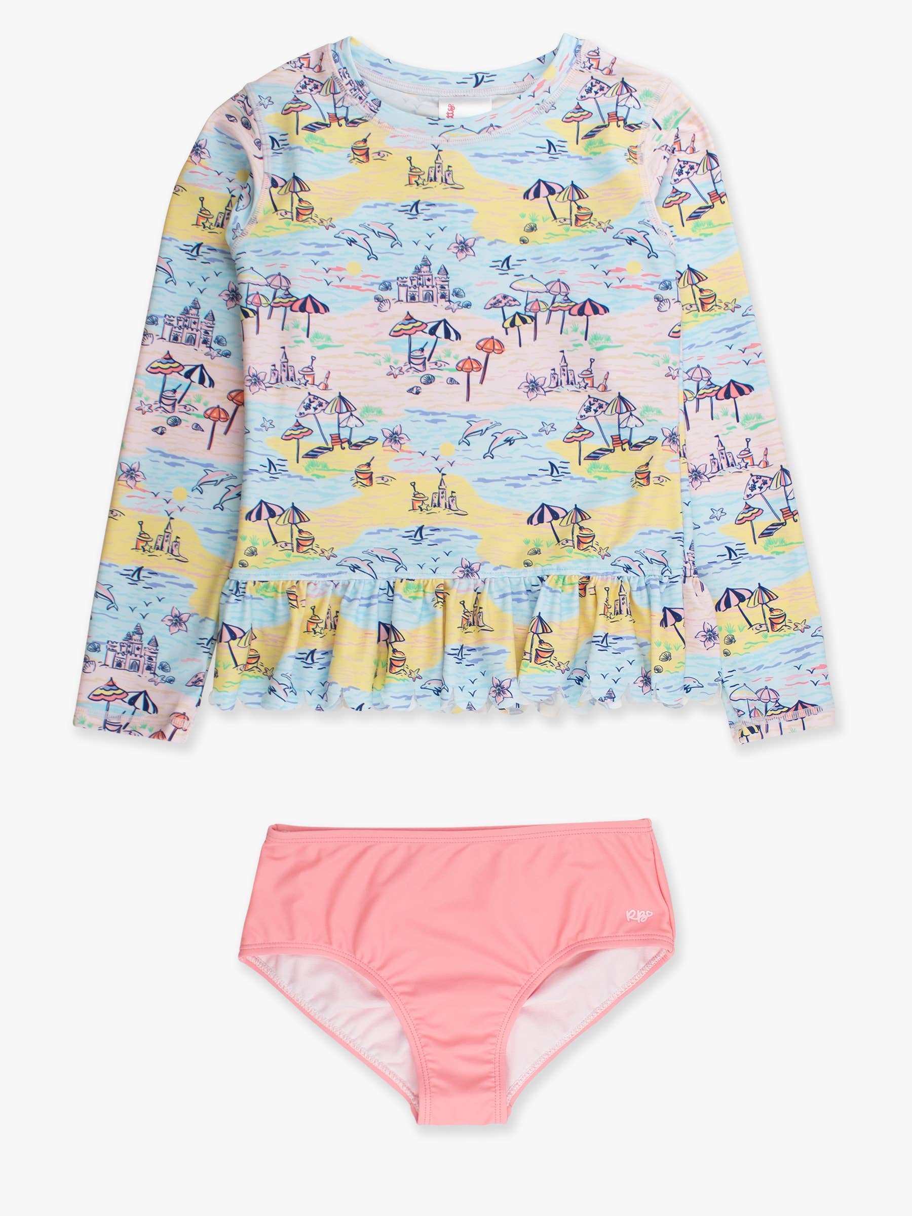 Tween Girls Beach Day Scallop Hem Long Sleeve Rash Guard 2-Piece Swimsuit