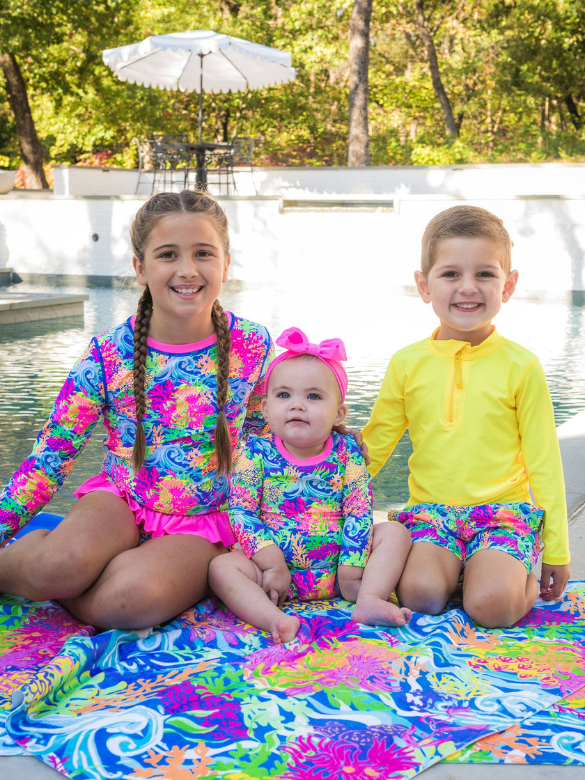 Baby Girls Neon Ocean Coral Long Sleeve One Piece Rash Guard Swimsuit with Signature Rear Ruffles