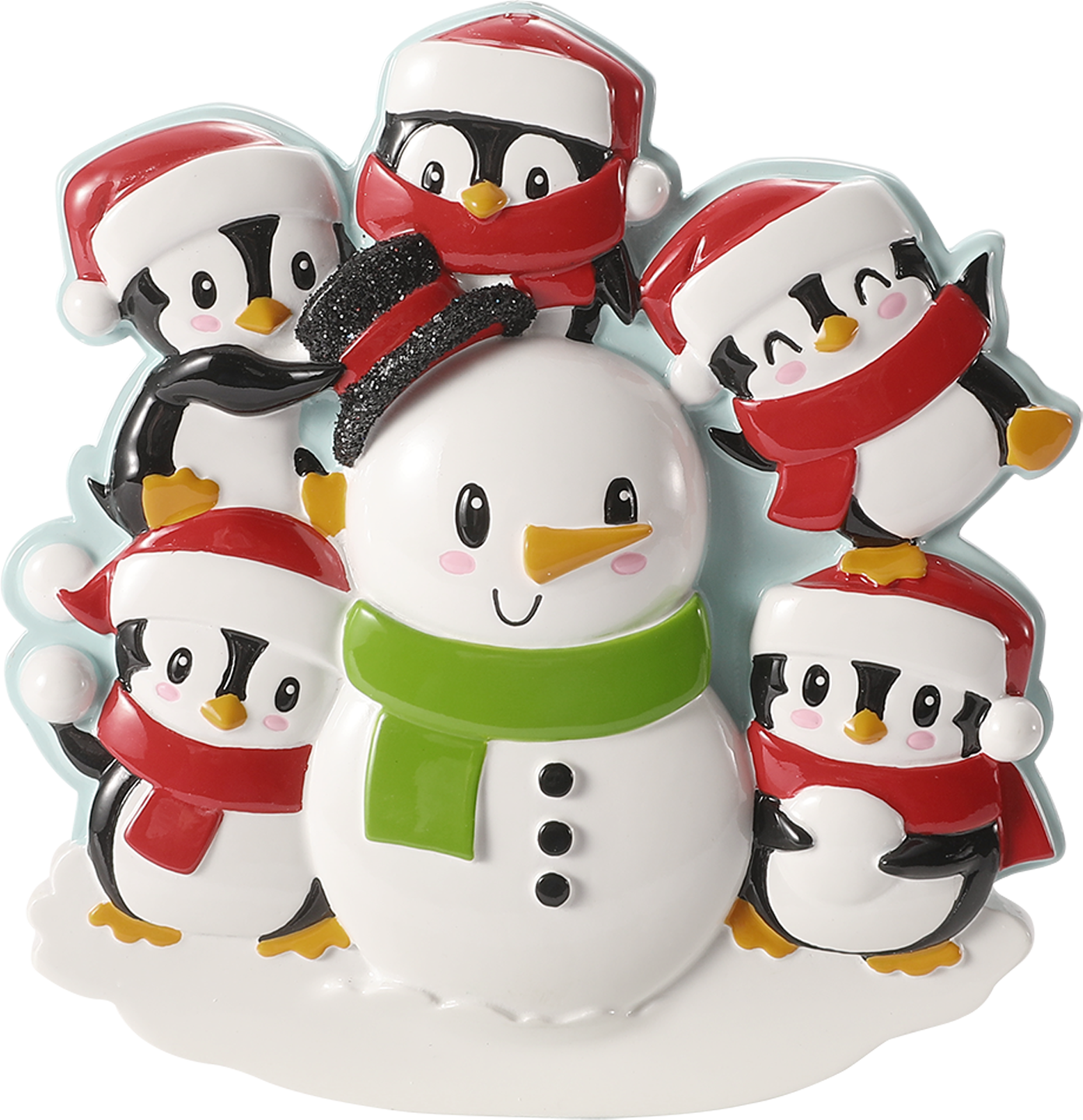 Penguin Family Building a Snowman Personalized Ornament