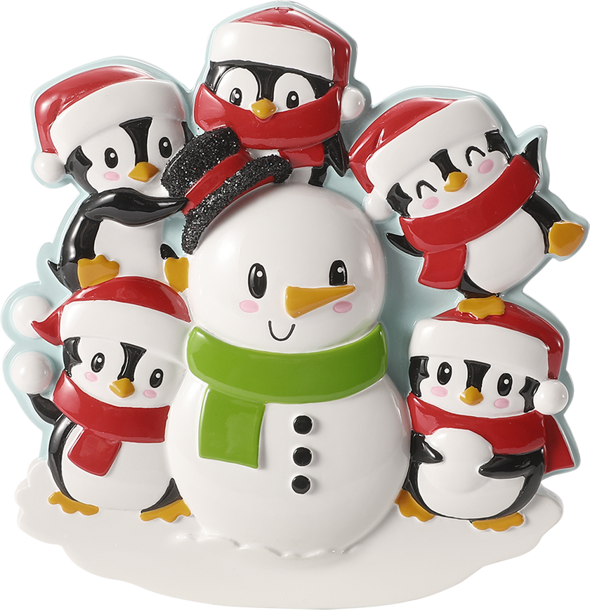 Penguin Family Building a Snowman Personalized Ornament