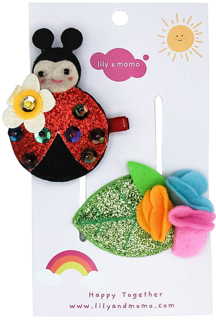 Lovely Ladybug and Glitter Leaf Hair Clips- Red and Green