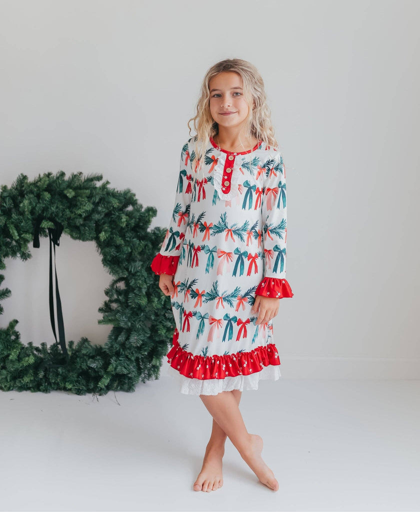 Kids Holly & Bows Christmas Holiday Lace Ruffle Lounge Gown