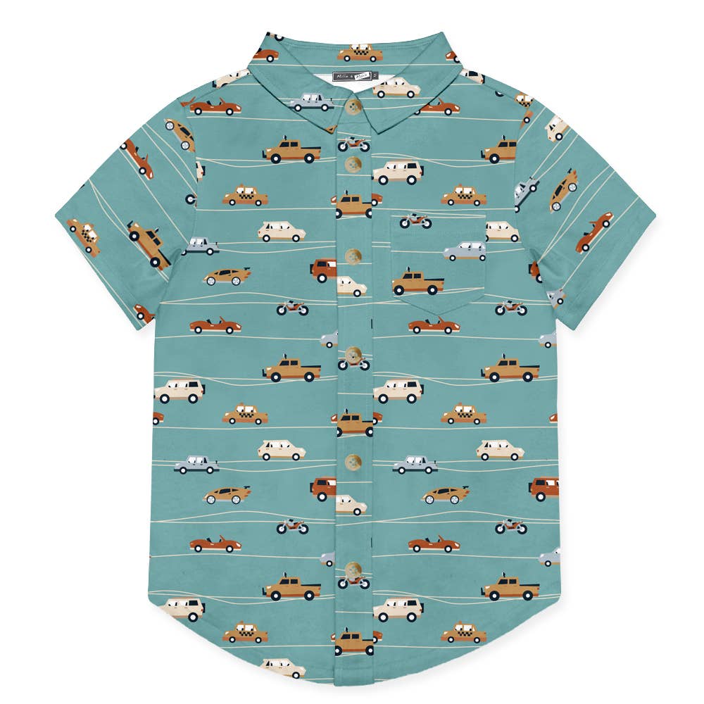 Boys Nile Blue Cars Short-Sleeve Button-Up