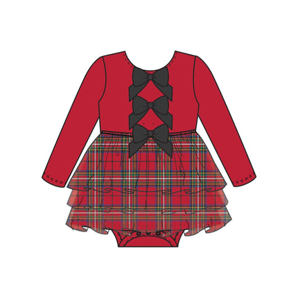 Baby Girls Red Nicholas Plaid Velour & Tulle Long Sleeve Twirl Romper