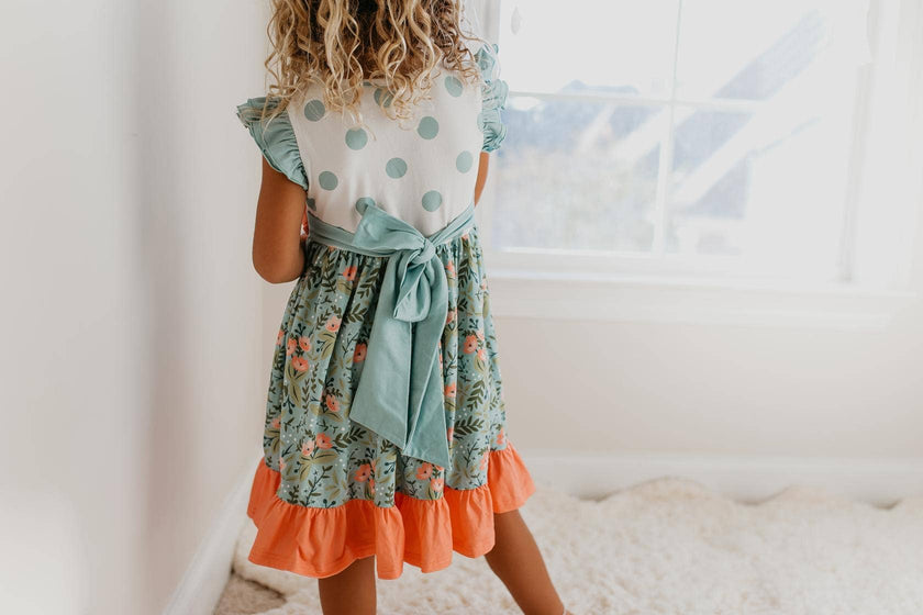 Kids Sage & Dusty Blue Floral Rosette Easter Twirl Dress