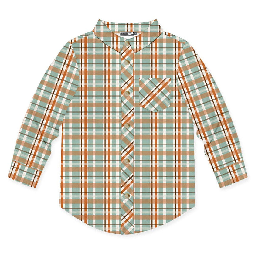 Boys Orange Pumpkin Patch Plaid Long-Sleeve Button-Up