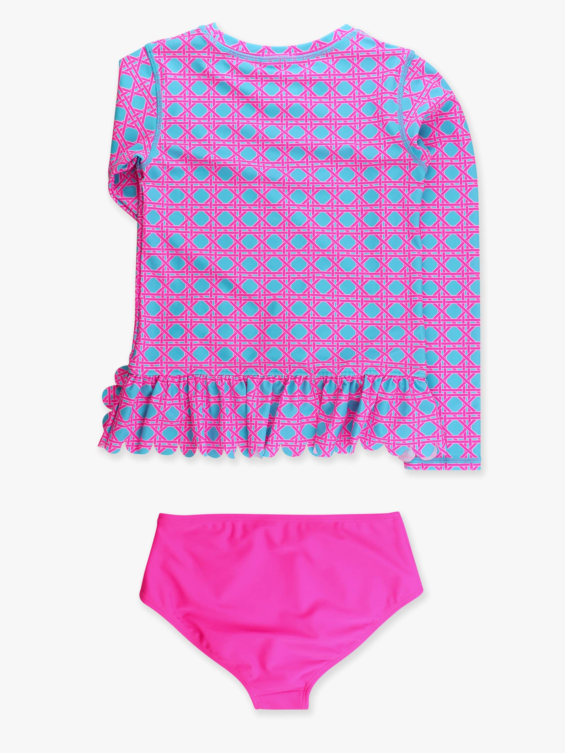 Tween Girls Neon Sorbet Cane Scallop Hem Long Sleeve Rash Guard 2-Piece Swimsuit