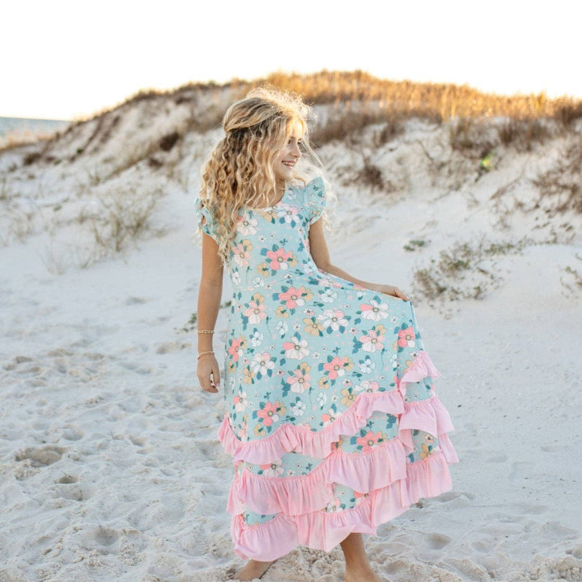 Kids Bella Mint Pastel Floral Flutter Sleeve Ruffles Dress