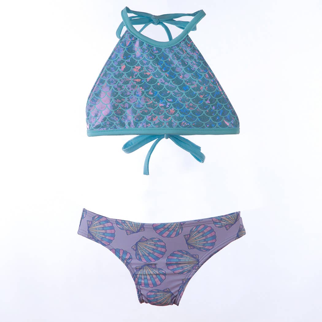 Girls Swim UPF 50+ Reversible Bikini with Mermaid Tail Cover Set
