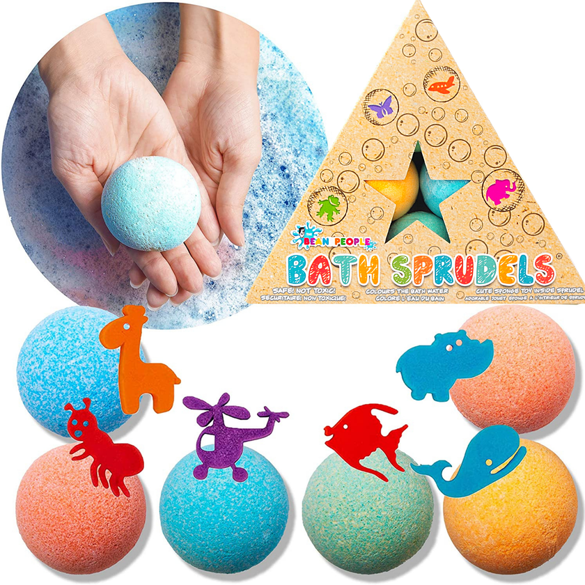 BATH SPRUDELS are bath bombs for kids with a surprise sponge toy inside. SPRUDELS Six Packs contain 6 different colors, each containing a mystery sponge character. Good for 6 individual baths, if used one at a time. Also, learn first-hand about color mixing by putting 2 primary colored BATH SPRUDELS in your bath at the same time! Nontoxic! No essential oils! No fragrance! Made with food-grade ingredients - 100% SAFE. Hand made in South Africa since 1988.&nbsp;