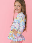 Tween Girls Beach Day Scallop Hem Long Sleeve Rash Guard 2-Piece Swimsuit