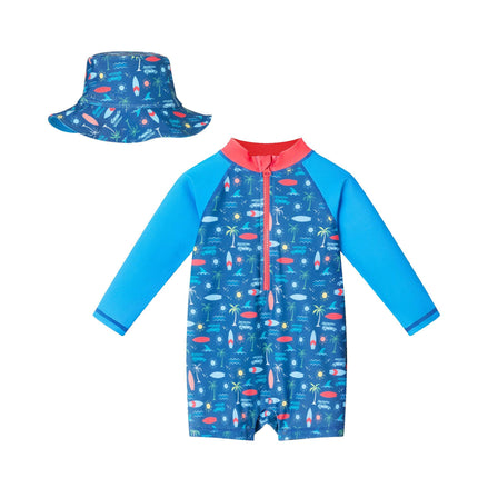 Infant Swim Romper W/ Hat Set - Navy Tropical Print