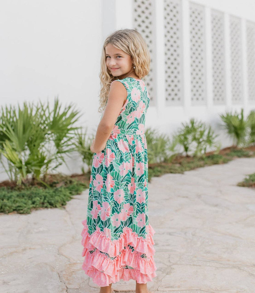3 Tiered Pink Green Tropical Spring Ruffles Dress