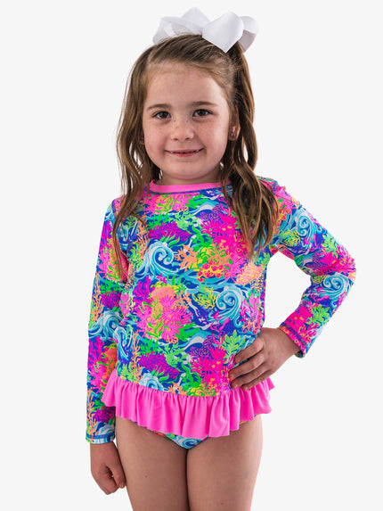 Girls Neon Ocean Coral Long Sleeve Rash Guard 2-Piece Swimsuit with Signature Rear Ruffles