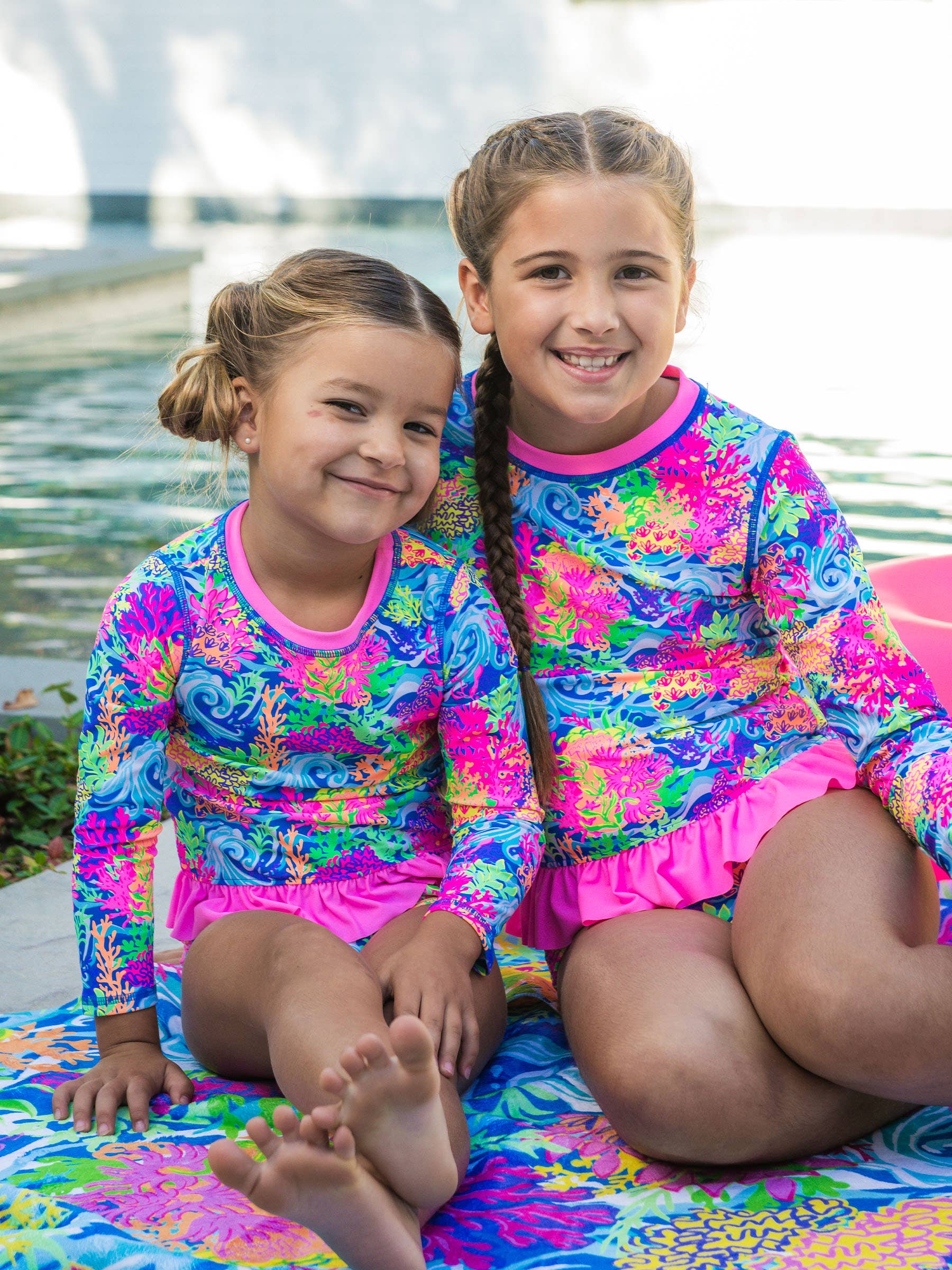Girls Neon Ocean Coral Long Sleeve Rash Guard 2-Piece Swimsuit